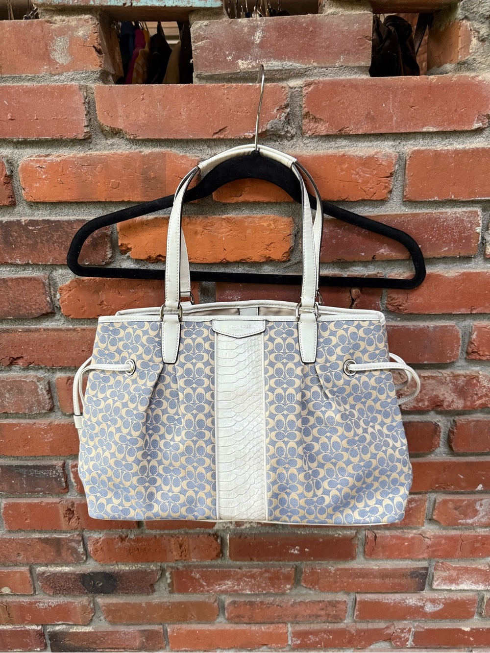 Coach Blue and Cream Signature Tote with Leather Trim